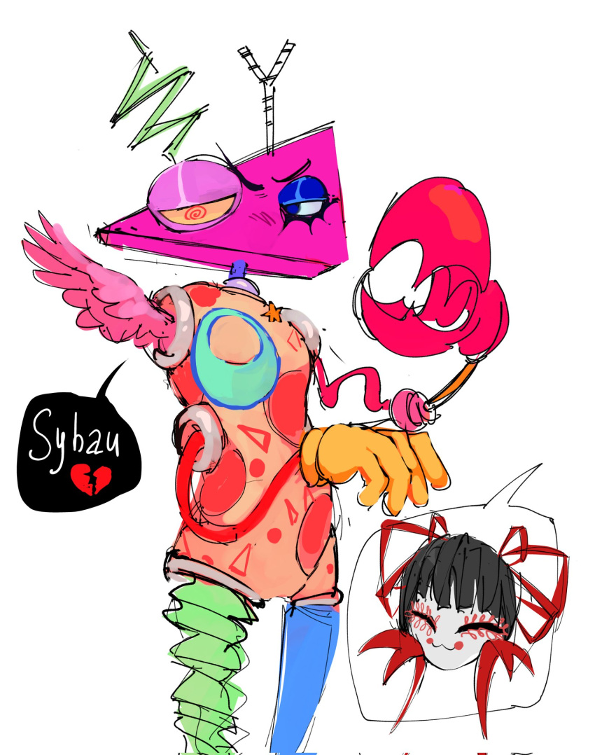 1girl, 1other, black_hair, broken_heart, commentary, corrupted_twitter_file, crab_claw, dusty_dust
