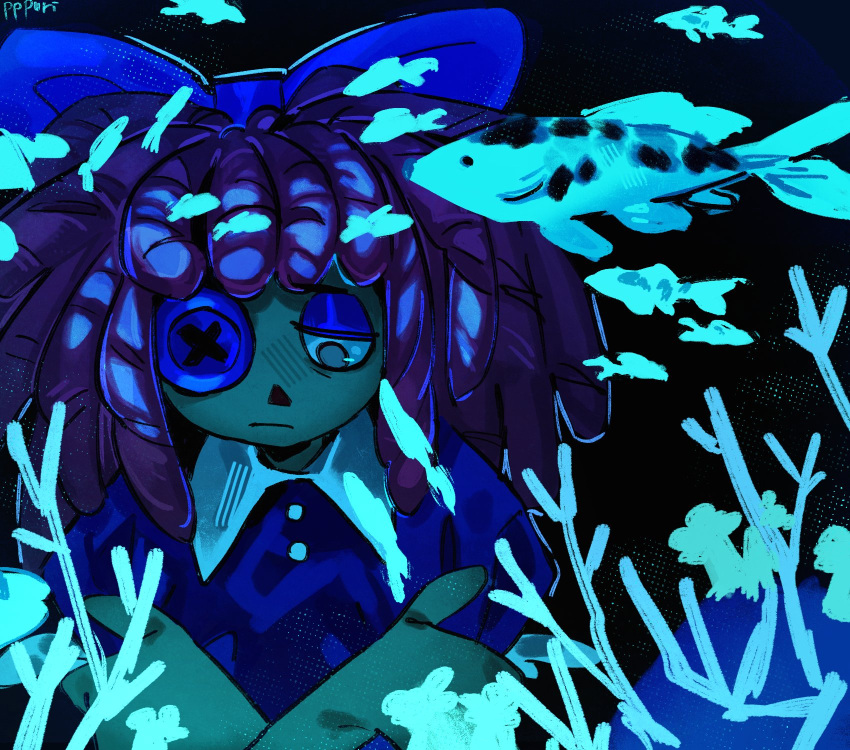 1girl, blue_bow, blue_dress, bow, commentary, dress, english_commentary, fish