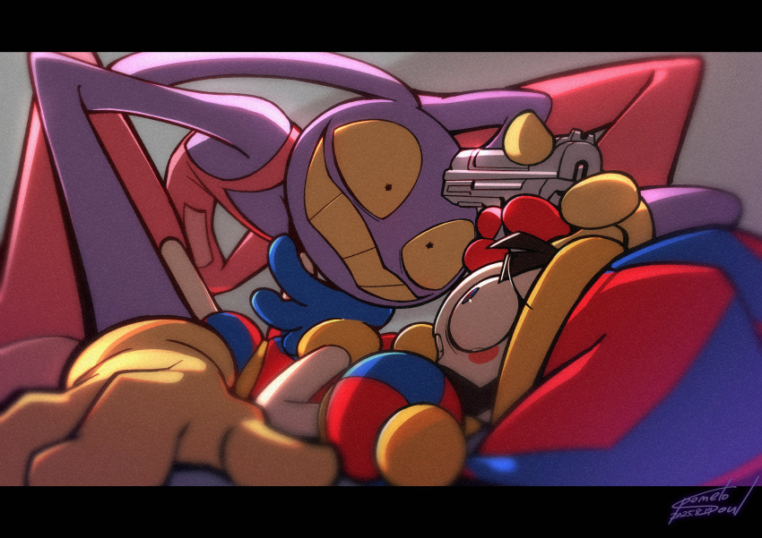 1boy, 1girl, absurdres, animal_ears, asymmetrical_gloves, black_hair, blue_gloves, blue_hat, colored_sclera, colored_teeth, commentary, english_commentary, furry, furry_male, gloves, gun, gun_to_head, hat, highres, holding, holding_gun, holding_weapon, jax_(the_amazing_digital_circus), letterboxed, mismatched_gloves, overalls, pink_overalls, pomelo_soul, pomni_(the_amazing_digital_circus), rabbit_boy, rabbit_ears, red_gloves, red_hat, signature, the_amazing_digital_circus, two-tone_hat, weapon, yellow_gloves, yellow_sclera, yellow_teeth
