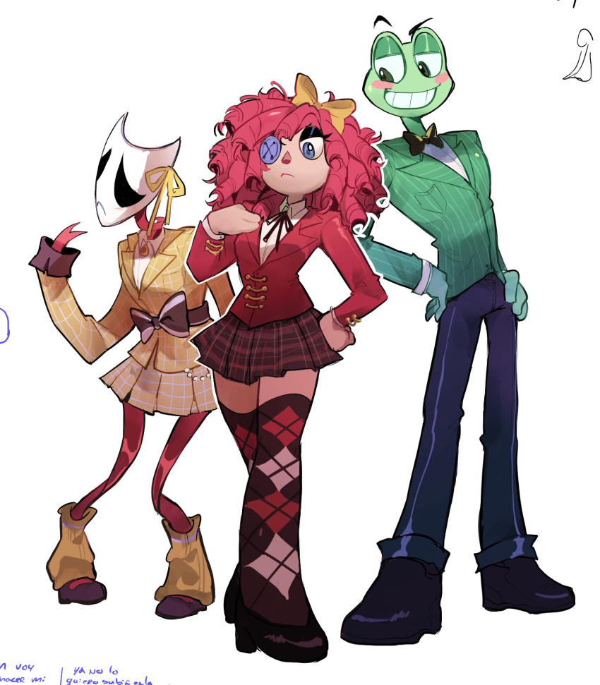 argyle_clothes, argyle_thighhighs, black_bow, black_bowtie, black_pants, black_shoes, blue_eyes, blush_stickers