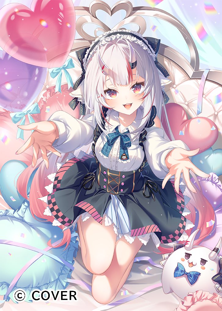 1girl, :d, balloon, black_skirt, blue_ribbon, center-flap_bangs, center_frills, clothing_cutout