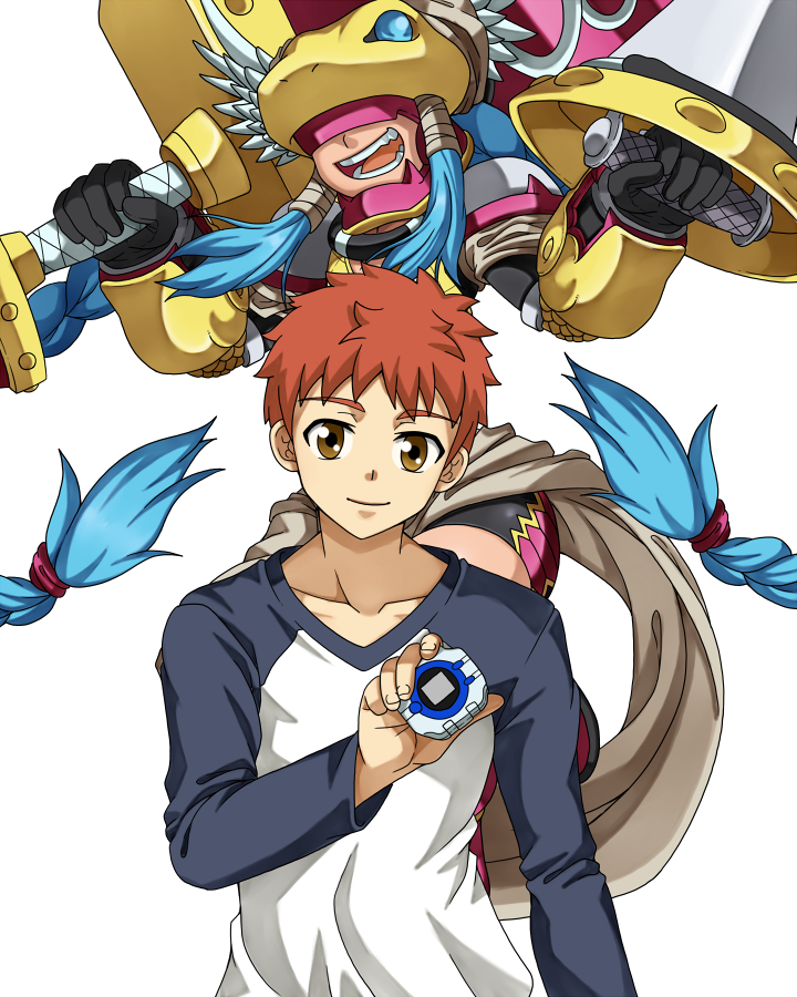 1boy, armor, covered_eyes, digimon, digimon_(creature), digimon_story:_time_stranger, emiya_shirou, fate/stay_night