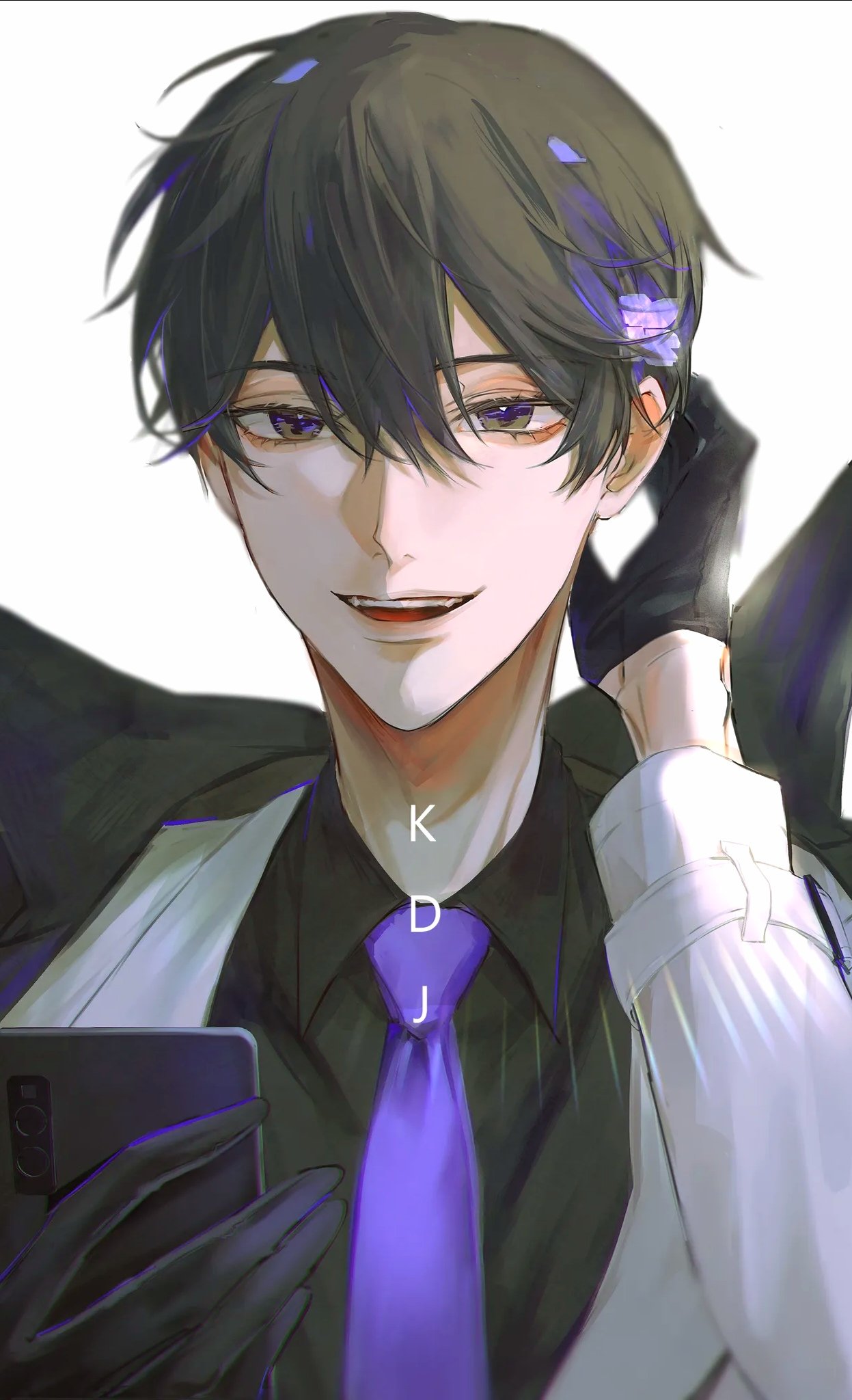 1boy, adjusting_hair, alternate_costume, black_coat, black_eyes, black_gloves, black_hair, black_shirt, blue_necktie, character_name, coat, coat_on_shoulders, collared_shirt, commentary_request, flower, gloves, hair_between_eyes, hair_flower, hair_ornament, highres, holding, holding_phone, kim_dokja, logn_sleeves, male_focus, necktie, omniscient_reader's_viewpoint, phone, shirt, short_hair, smile, white_background, white_sleeves, xiaotujiii