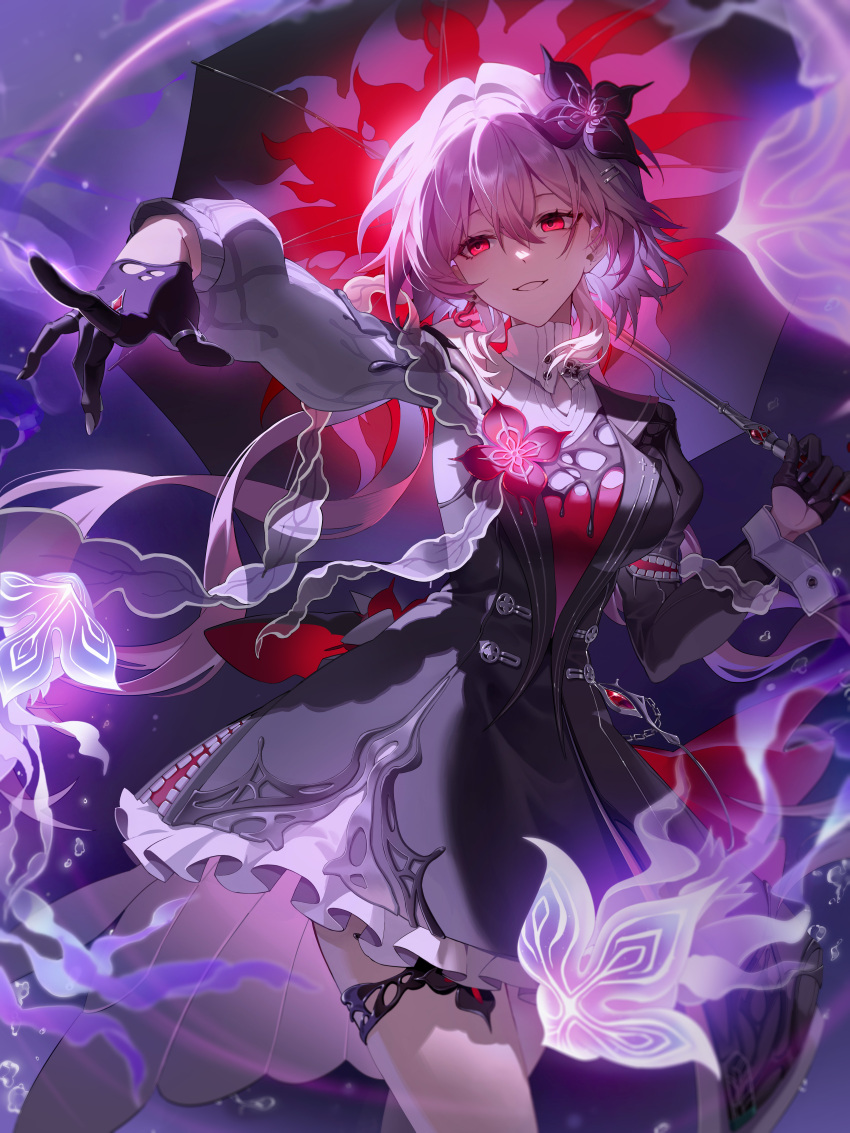 1girl, absurdres, asymmetrical_sleeves, black_dress, black_flower, black_gloves, breasts, collar