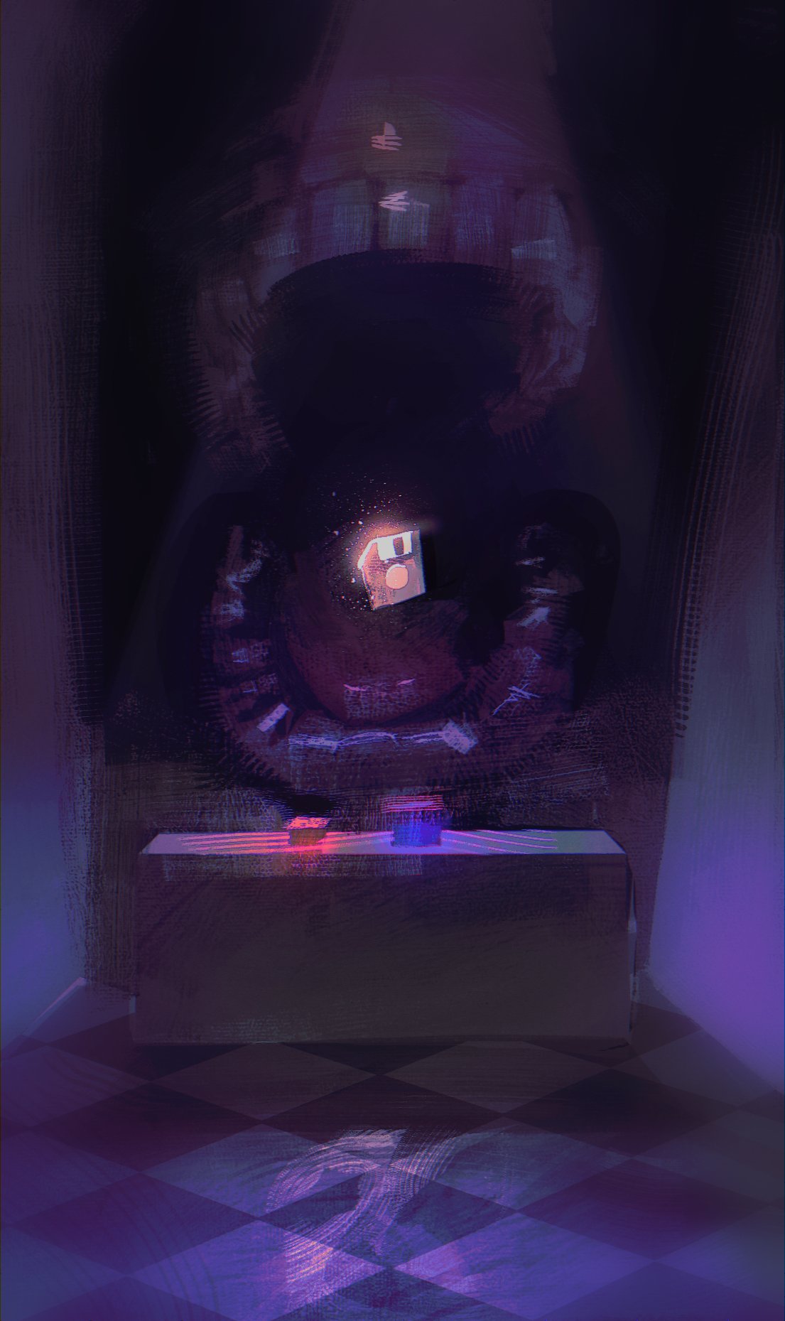 caine_(the_amazing_digital_circus), checkered_floor, commentary, connor_(nopedog), english_commentary, floppy_disk, highres, no_humans