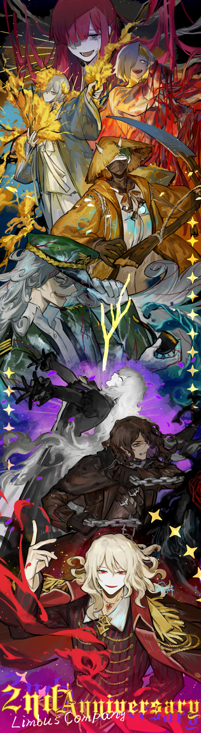 3boys, 5girls, absurdres, ahab_(project_moon), aiguillette, arm_up, bandage_over_one_eye, black_gloves
