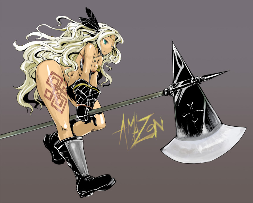 1girl, abs, amazon, amazon_(dragon's_crown), aqua_eyes, armlet, armor, axe