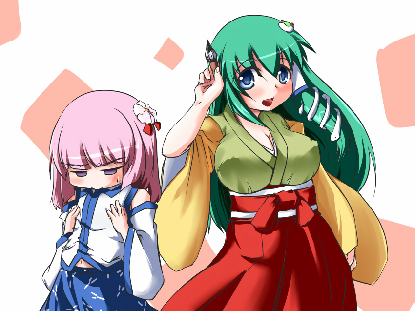 artist_request, blue_eyes, breast_envy, breasts, brush, cleavage, cosplay, costume_switch