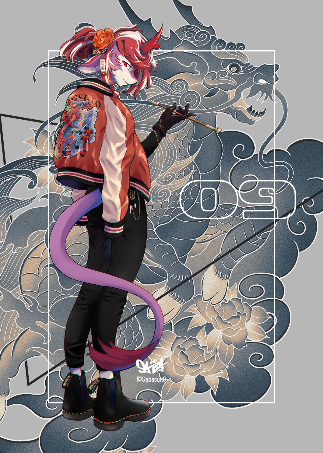 1girl, arknights, black_pants, camellia, commentary_request, dragon_girl, flower, fumizuki_(arknights)