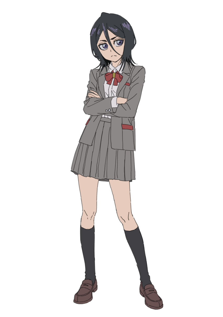 1girl, black_hair, black_socks, bleach, bow, bowtie, brown_shoes, commentary_request