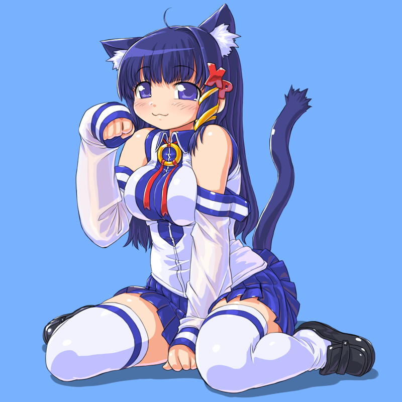animal_ears, bare_shoulders, blue_eyes, blue_hair, breasts, cat_ears, cat_pose, cat_tail