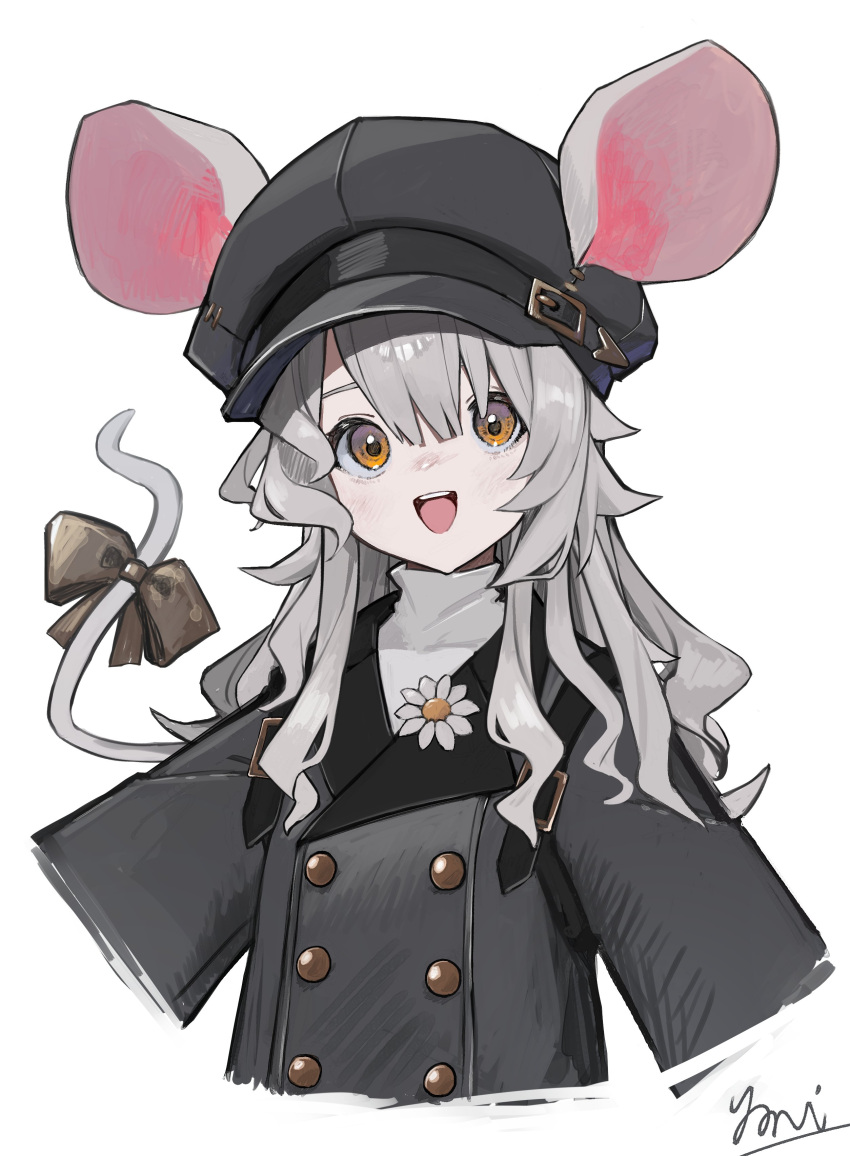 1girl, absurdres, animal_ears, black_bow, black_coat, black_hat, bow, brooch