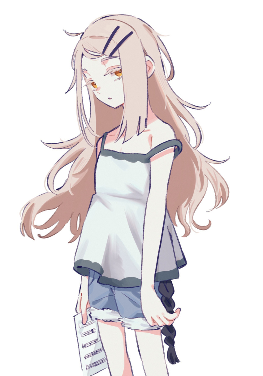 1girl, ahoge, arms_at_sides, bare_shoulders, belt, black_belt, blonde_hair, blue_shorts