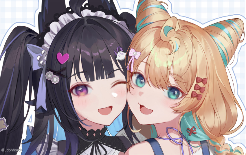 2girls, :3, :d, ;d, ahoge, aqua_eyes, aqua_hair, black_hair