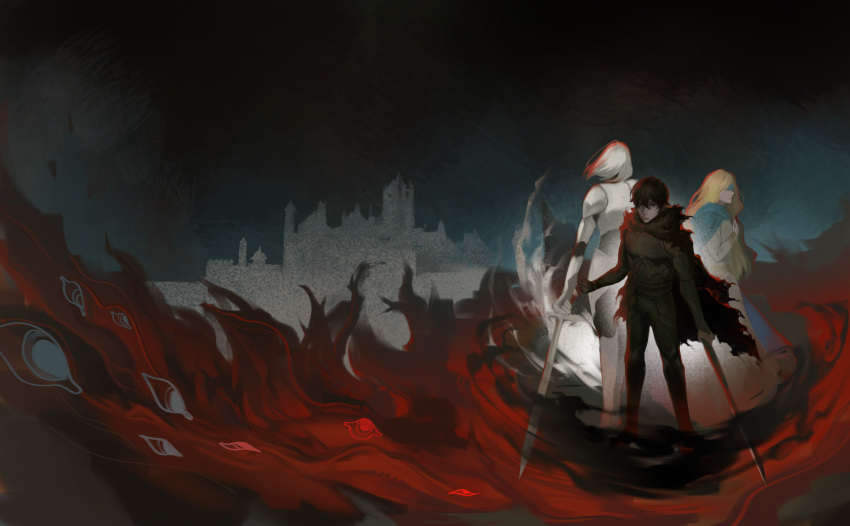 1boy, 2girls, aerisabella, armor, back-to-back, barcode, black_hair, black_tunic, blindfold, blonde_hair, blue_cloak, cassie_(shadow_slave), castle, cloak, commentary, dress, english_commentary, full_body, highres, holding, holding_sword, holding_weapon, logo, multiple_girls, nephis_(shadow_slave), shadow_slave, short_hair, shoulder_armor, standing, sunny_(shadow_slave), swirl, sword, textless_version, tunic, weapon, white_dress, white_hair