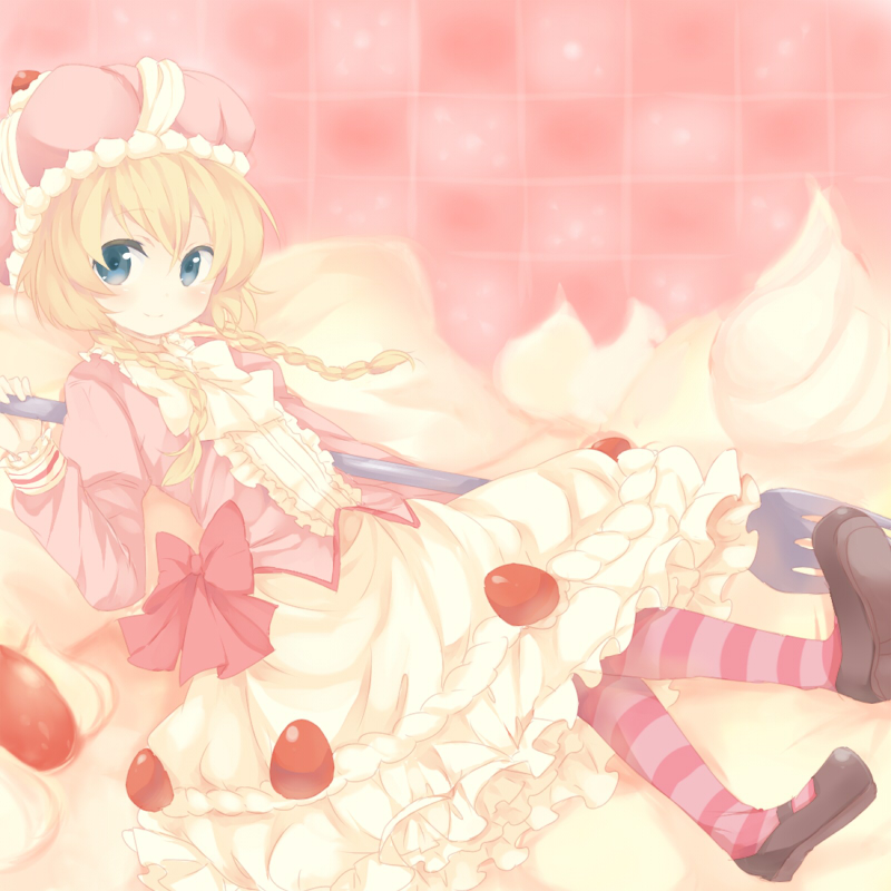blue_eyes, blush, braid, cake_dress, copyright_request, food, food_themed_clothes, fork, girl_in_food, hat, in_food, maruki_(punchiki), mary_janes, minigirl, oversized_object, pantyhose, personification, pink, punchiki, shoes, solo, strawberry_shortcake, striped, striped_legwear, twin_braids