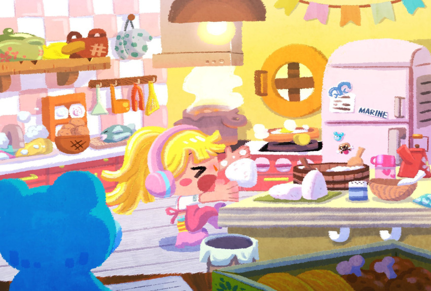 >_<, 1girl, apron, blonde_hair, blush_stickers, chibi, commentary, cooking