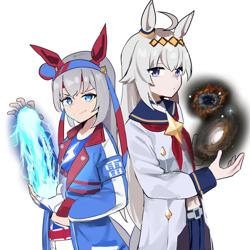 2girls, ahoge, animal_ears, blue_eyes, blue_jacket, commentary, ear_covers, electricity
