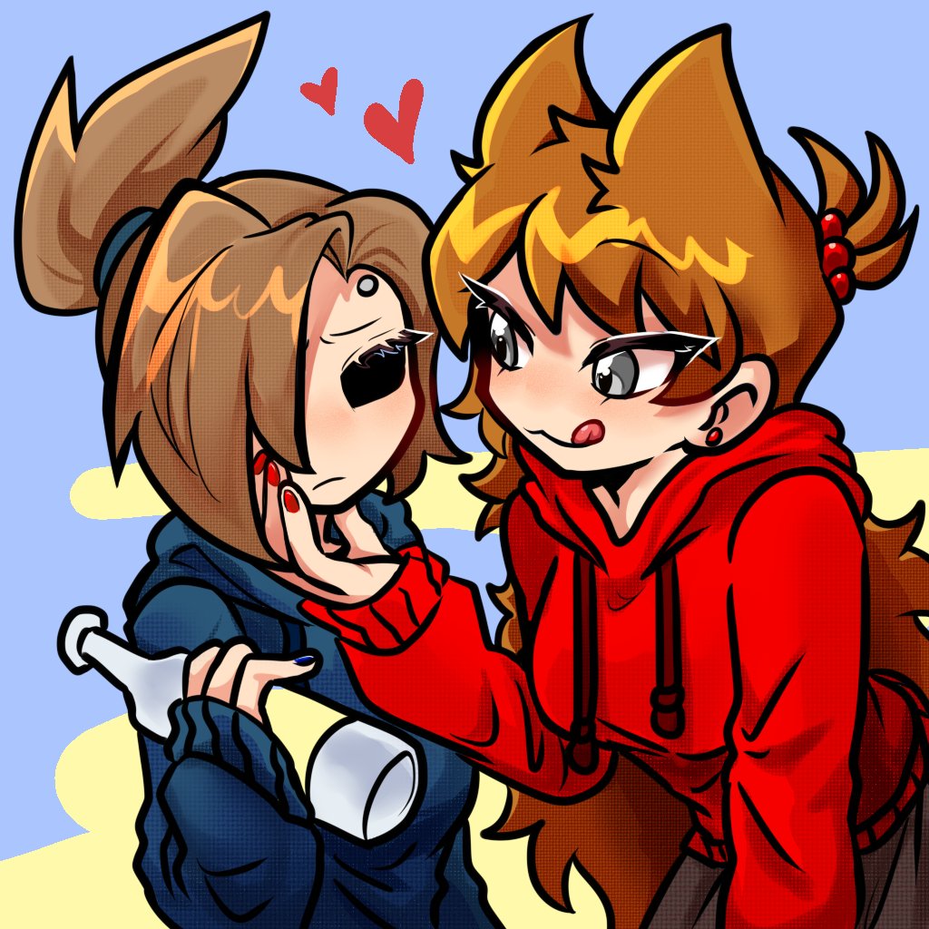 2girls, :3, alcohol, animification, blue_hoodie, blue_nails, blush, bottle