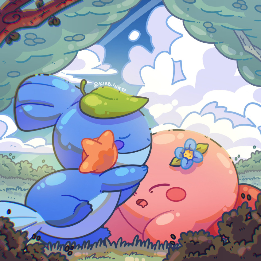 aimaay, artist_name, blue_sky, blush_stickers, closed_eyes, closed_mouth, clouds, cloudy_sky