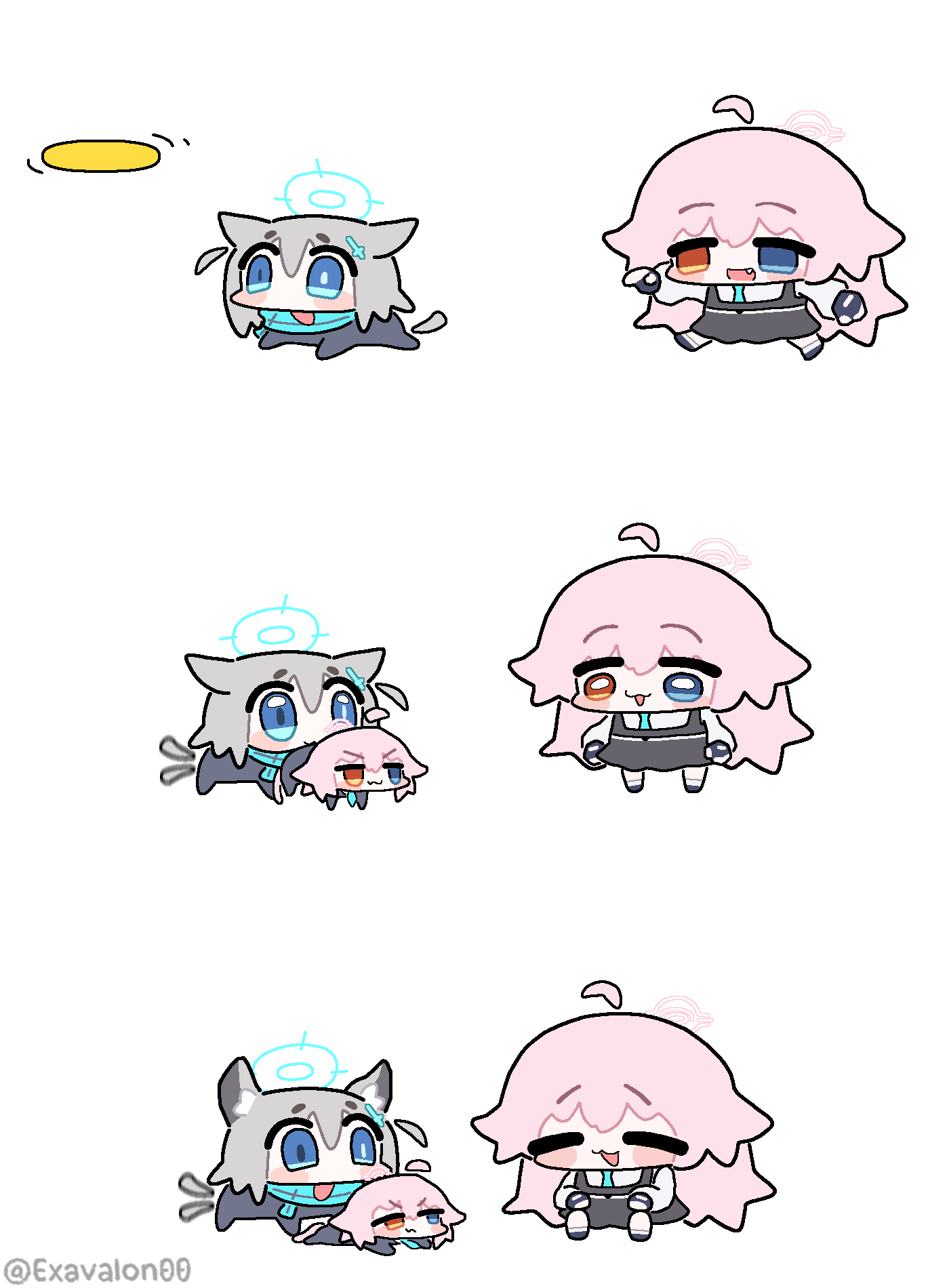 ahoge, animal_ear_fluff, animal_ears, aqua_scarf, blue_archive, blue_eyes, blue_halo, blue_scarf, blush, chibi, cross, cross_hair_ornament, dual_persona, fetch, frisbee, grey_hair, hair_between_eyes, hair_ornament, halo, heterochromia, highres, hoshino_(blue_archive), huge_ahoge, inverted_cross, long_hair, long_sleeves, medium_hair, mismatched_pupils, multiple_girls, necktie, open_mouth, pink_hair, pink_halo, playing, scarf, shiroko_(blue_archive), shirt, sima_(exavalon00), smile, tail, tail_wagging, throwing, very_long_hair, white_shirt, wolf_ears, wolf_girl, yellow_eyes