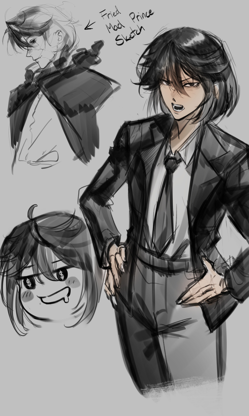1boy, 1girl, absurdres, aiko_(shadow_slave), black_hair, black_jacket, black_necktie, bob_cut