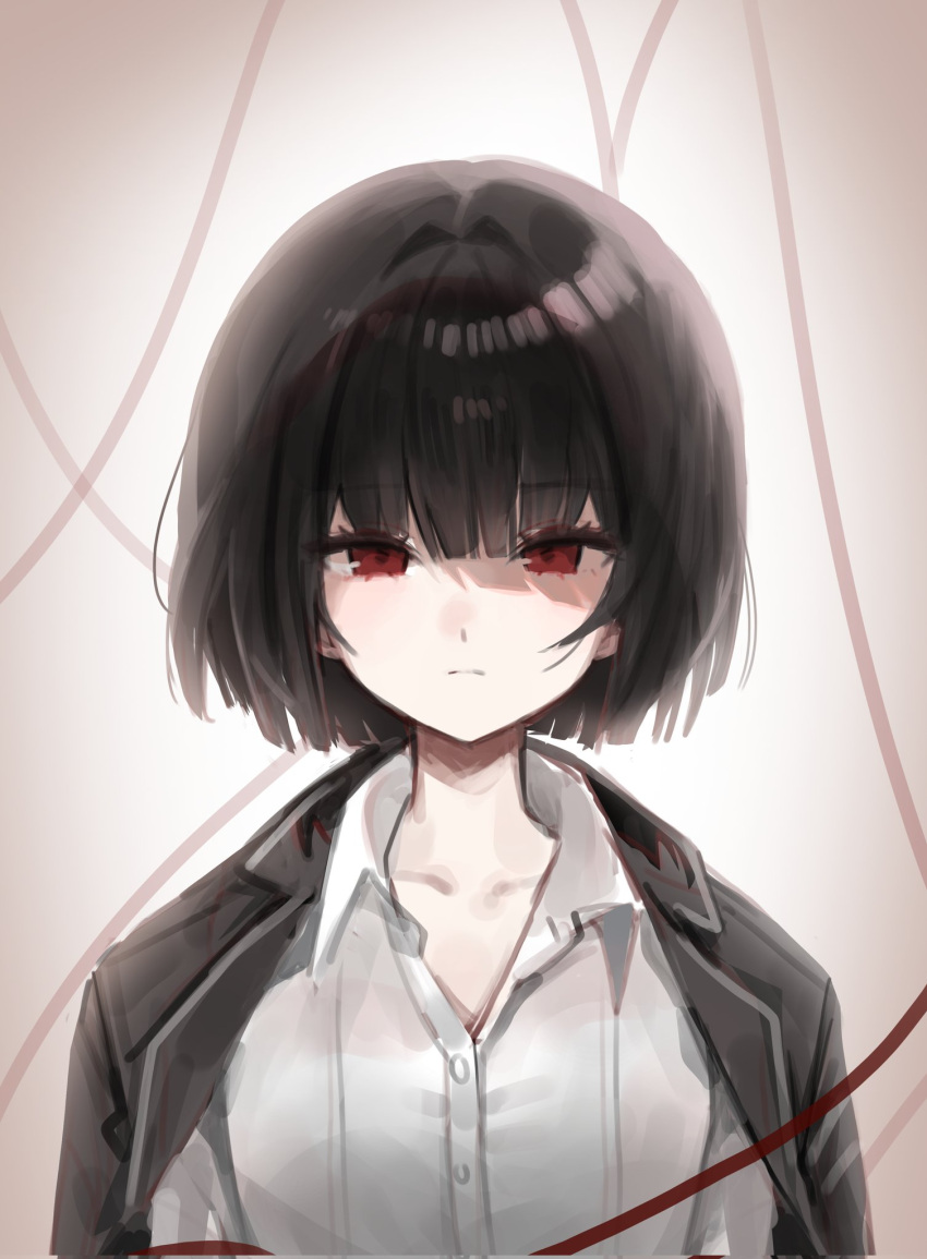1girl, black_hair, blunt_bangs, blunt_ends, bob_cut, collarbone, collared_shirt, corrupted_twitter_file