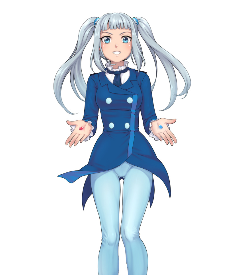 1girl, blue_eyes, blue_jacket, blue_necktie, blue_pants, blue_pill, blunt_bangs, blush