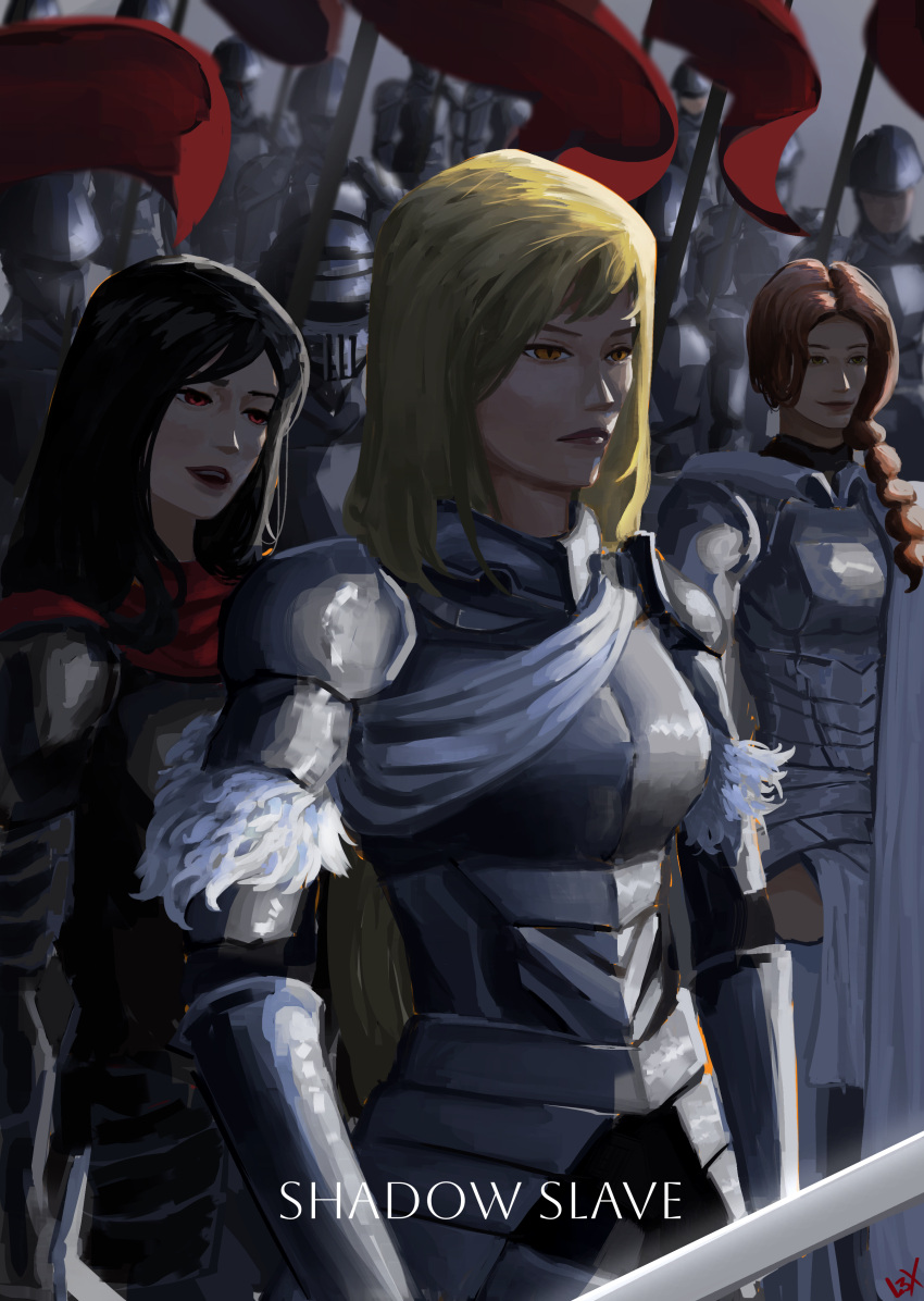 3girls, absurdres, armor, black_hair, braid, cape, cloak, cowboy_shot