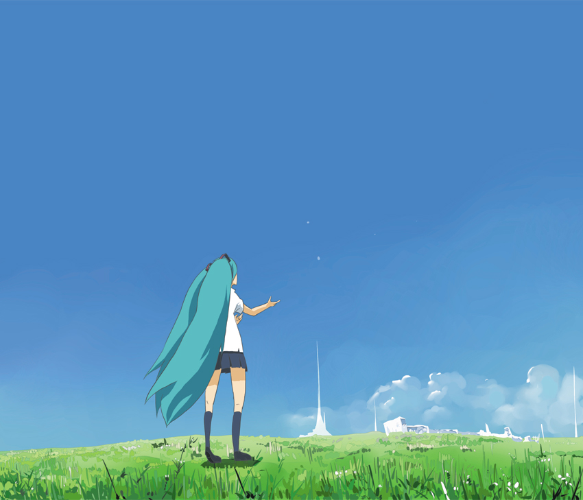 aqua_hair, back, cloud, grass, hatsune_miku, keisan, long_hair, scenery, sky, twintails, vocaloid