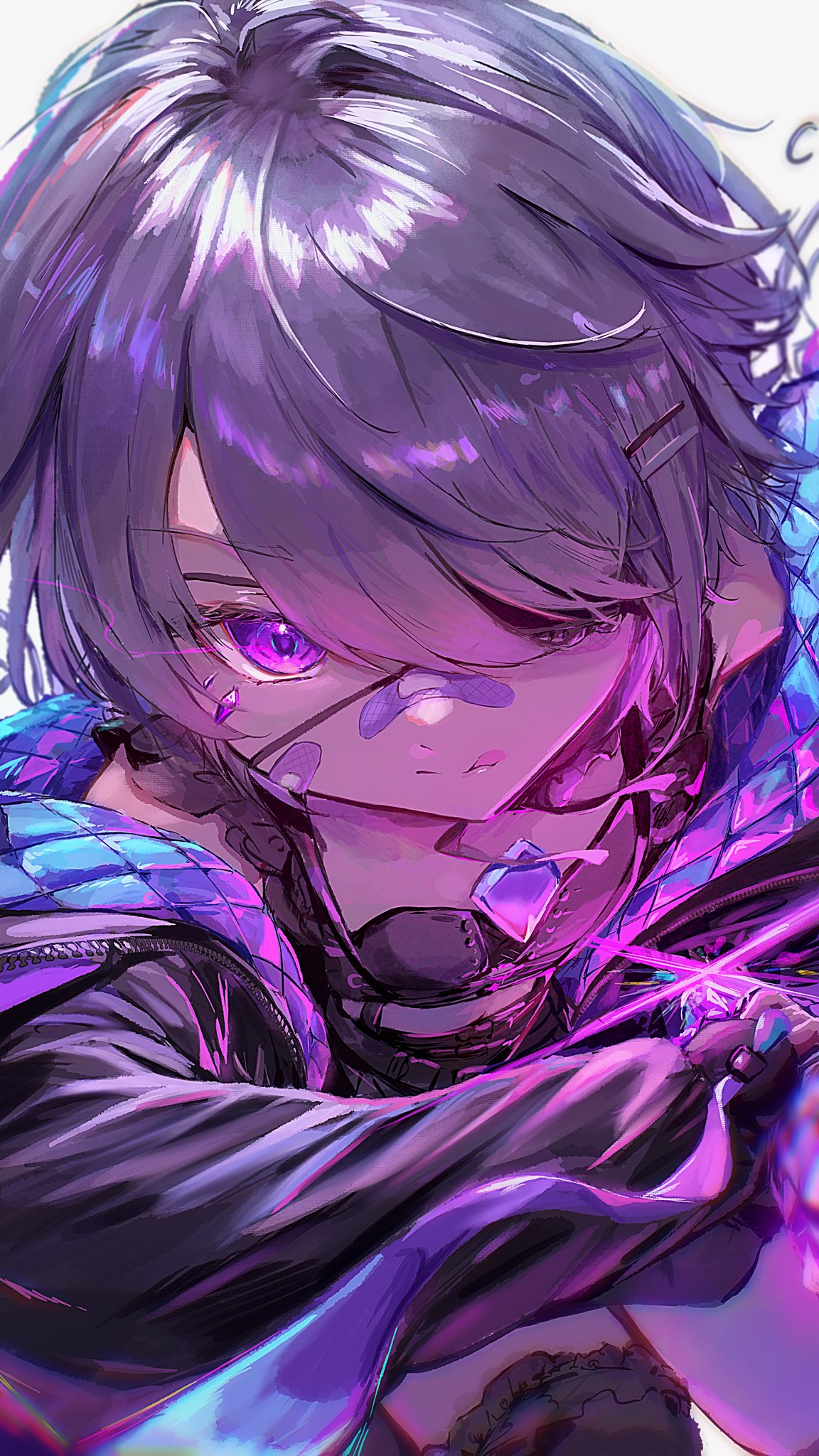 1girl, bandaid, bandaid_on_face, bandaid_on_nose, black_jacket, black_shirt, chest_jewel, closed_mouth