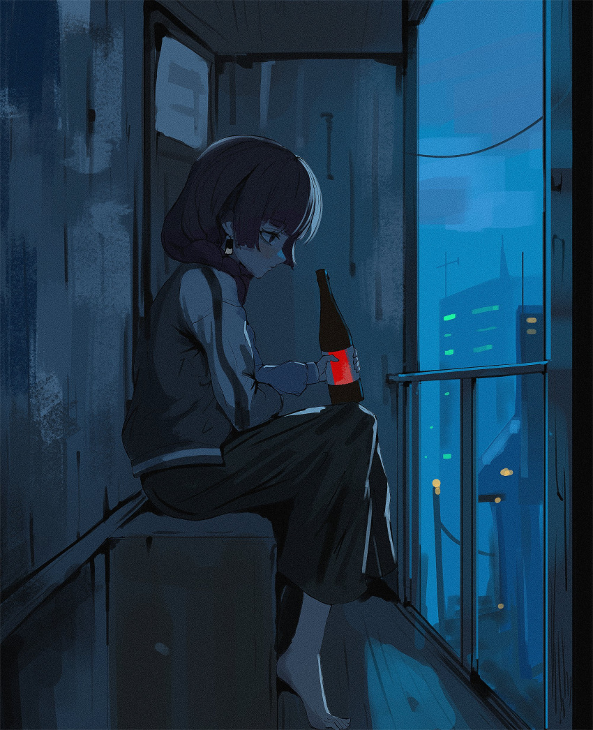 1girl, absurdres, agm, barefoot, blue_theme, bocchi_the_rock!, bottle, braid