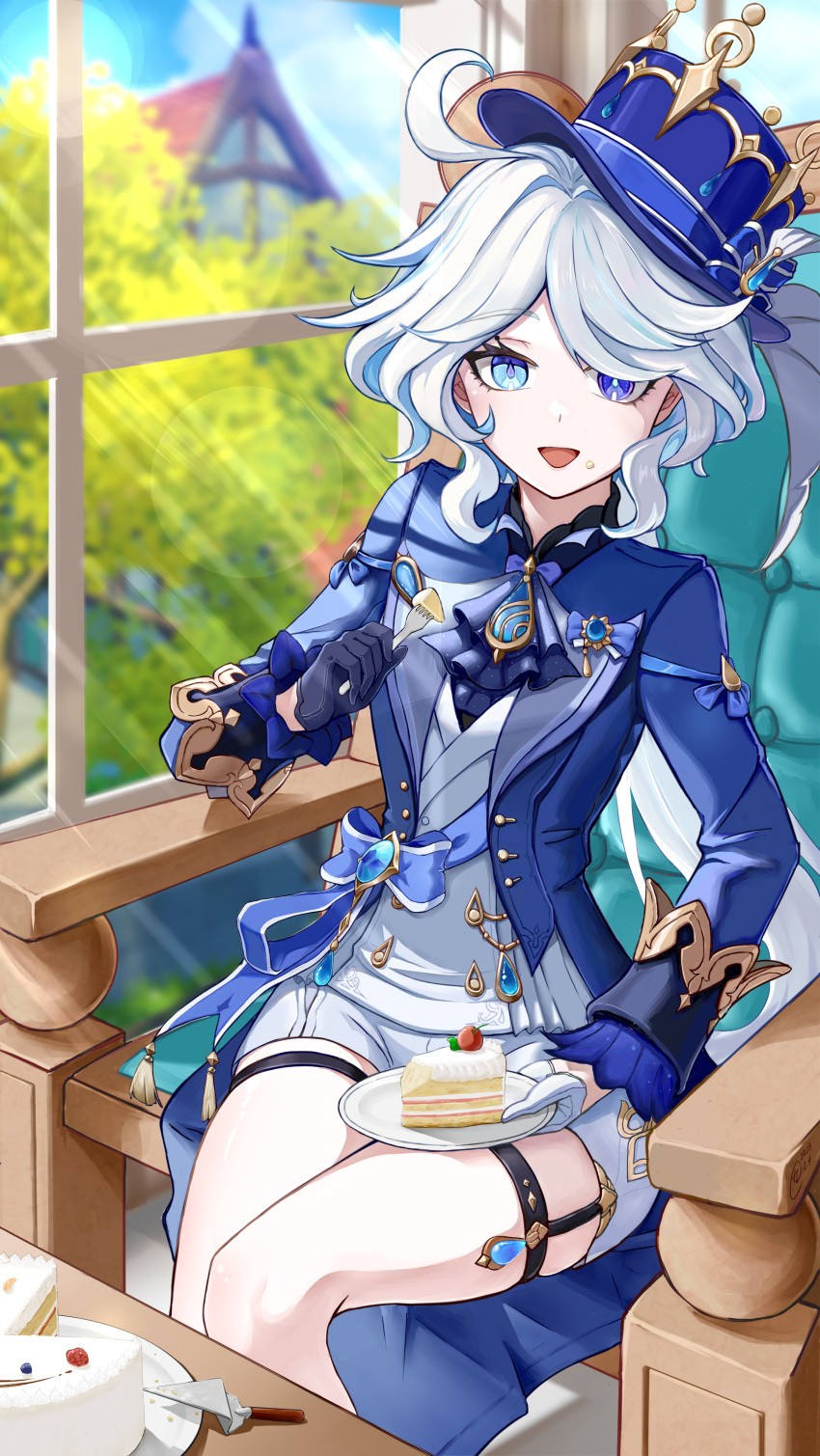 1girl, absurdres, ahoge, asymmetrical_gloves, birthday_cake, black_gloves, blue_eyes, blue_hat