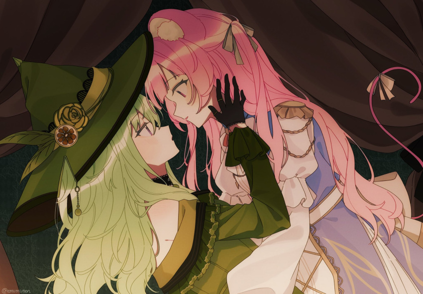 2girls, animal_ears, bare_shoulders, black_gloves, commentary, dress, eye_contact, gloves, green_dress, green_hair, green_hat, hand_on_another's_face, hat, highres, kemonomimi_mode, kusanagi_nene, long_hair, looking_at_another, mouse_ears, mouse_girl, mouse_tail, multiple_girls, off-shoulder_dress, off_shoulder, ootori_emu, parted_lips, pink_eyes, pink_hair, project_sekai, tail, the_coconutnut, violet_eyes, white_dress, witch_hat, yuri