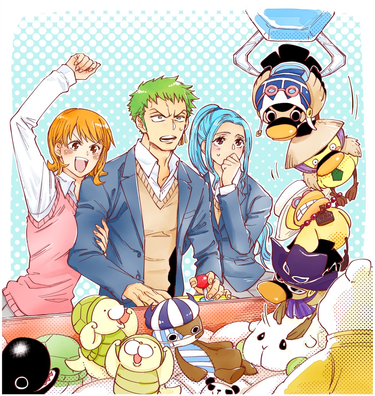 1boy, 2girls, aqua_hair, arm_up, bepo_(one_piece), blush, chabo_(niwatori_bosori), commentary_request
