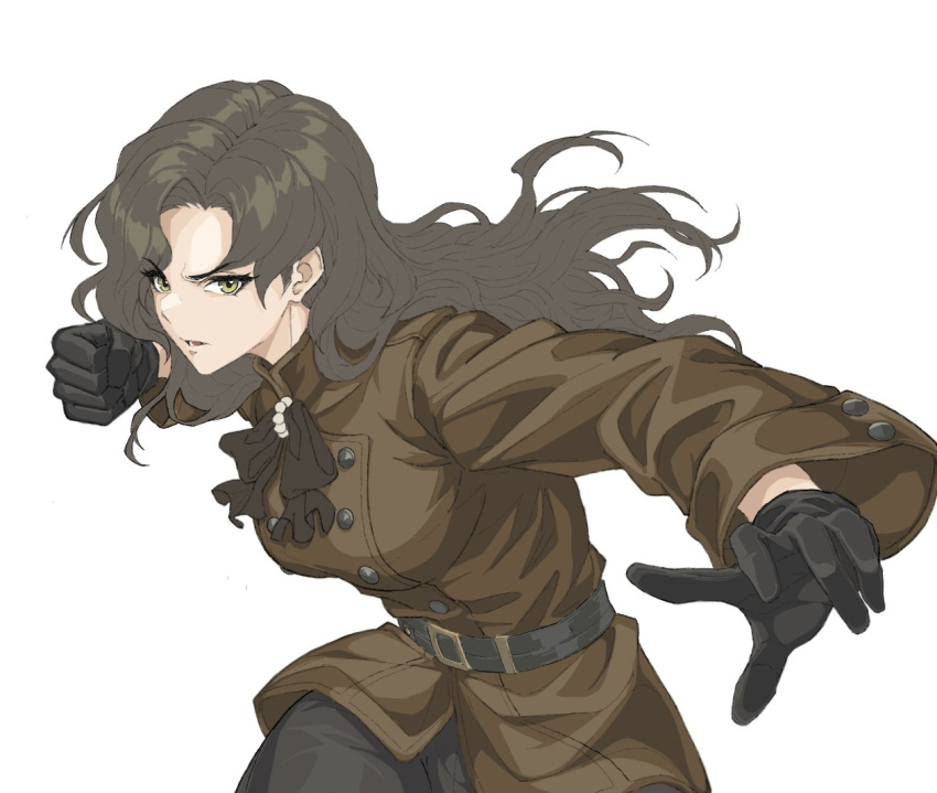 1girl, belt, black_belt, black_bow, black_bowtie, black_gloves, black_hair, black_pants, bow, bowtie, brown_jacket, clenched_hand, gloves, green_eyes, incoming_attack, incoming_punch, jacket, jajimalgeol, long_hair, looking_at_viewer, military_uniform, moldir_(reverse:1999), pants, parted_lips, punching, reverse:1999, solo, upper_body, v-shaped_eyebrows, white_background