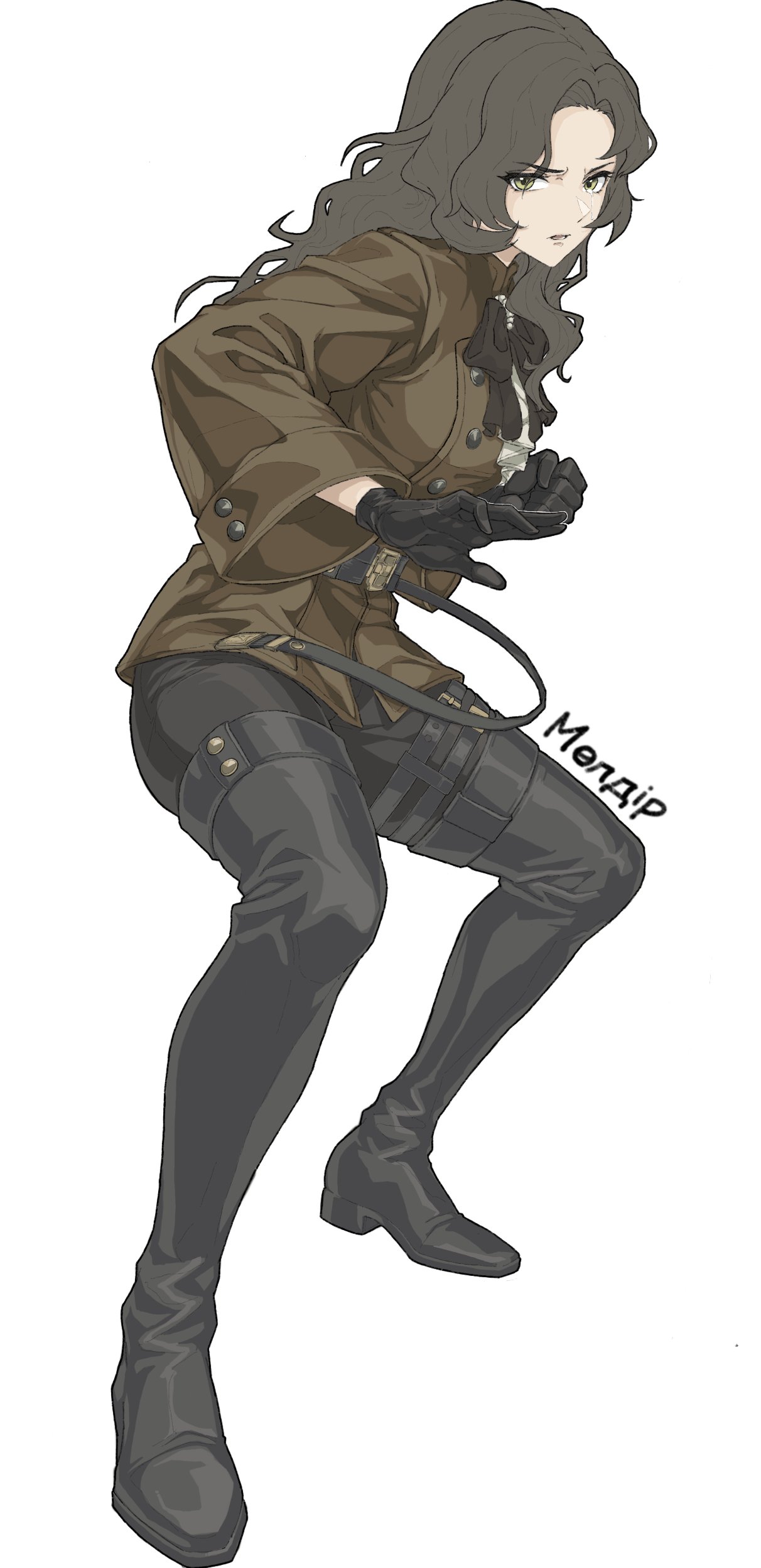 1girl, absurdres, ascot, belt, black_belt, black_boots, black_bow, black_bowtie, black_gloves, black_hair, black_pants, boots, bow, bowtie, brown_jacket, character_name, fighting_stance, from_side, full_body, gloves, green_eyes, highres, jacket, jajimalgeol, kazakh_text, legs_apart, long_hair, military_uniform, moldir_(reverse:1999), pants, parted_lips, reverse:1999, single_tear, solo, thigh_boots, white_ascot, white_background