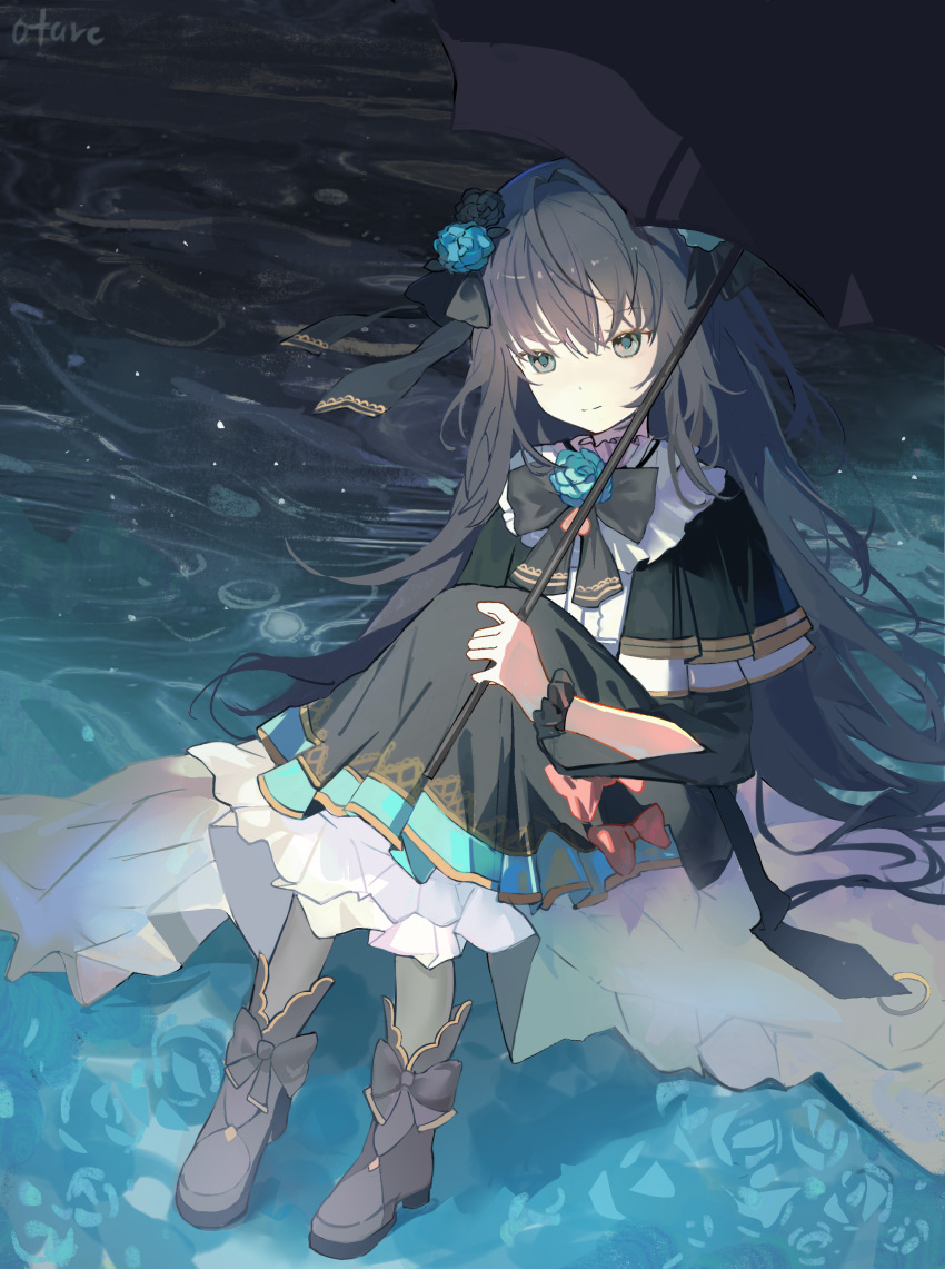 1girl, absurdres, arcaea, black_hair, blue_eyes, dress, hair_ornament, highres, holding, holding_umbrella, long_hair, otarc, sitting, smile, solo, tairitsu_(arcaea), umbrella, very_long_hair, watermark