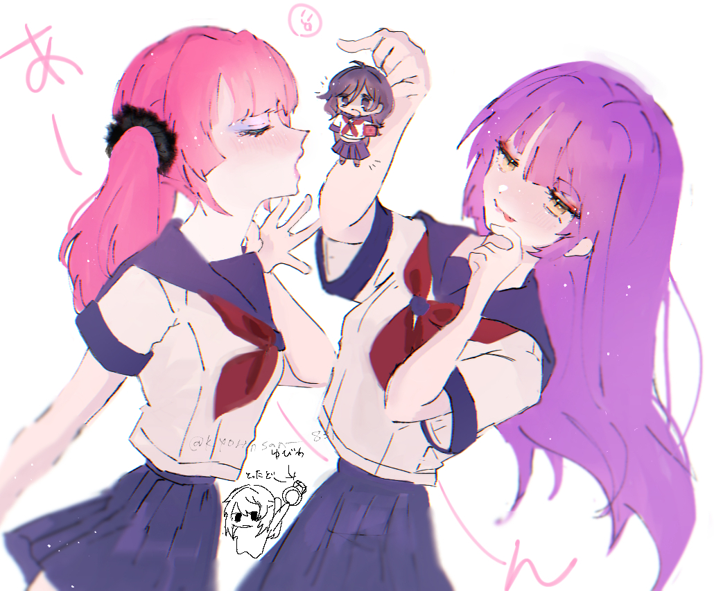 3girls, animal_hair_ornament, bat_hair_ornament, black_hair, branch_print, curly_twintails, hair_ornament, inkyu_basu