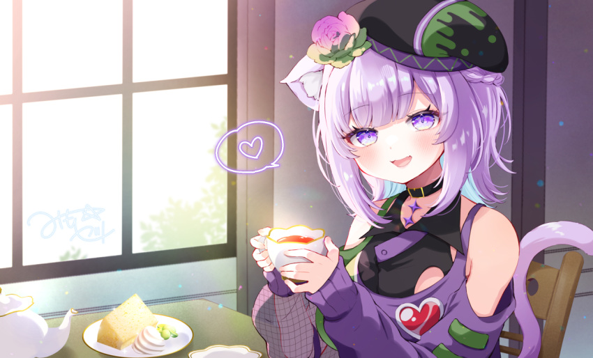 animal_ears, beret, black_collar, black_hat, black_shirt, blue_hair, cat_ears, cat_girl, cat_tail, collar, collared_shirt, colored_inner_hair, cup, hat, holding, holding_cup, hololive, jacket, looking_at_viewer, medium_hair, mimori_(mim0_ri), multicolored_hair, nekomata_okayu, nekomata_okayu_(poisonya_syndrome), official_alternate_costume, purple_jacket, shirt, smile, solo, tail, tea, virtual_youtuber