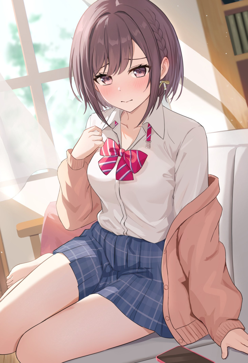 1girl, backlighting, bare_legs, barefoot, blue_skirt, blush, bob_cut, bow