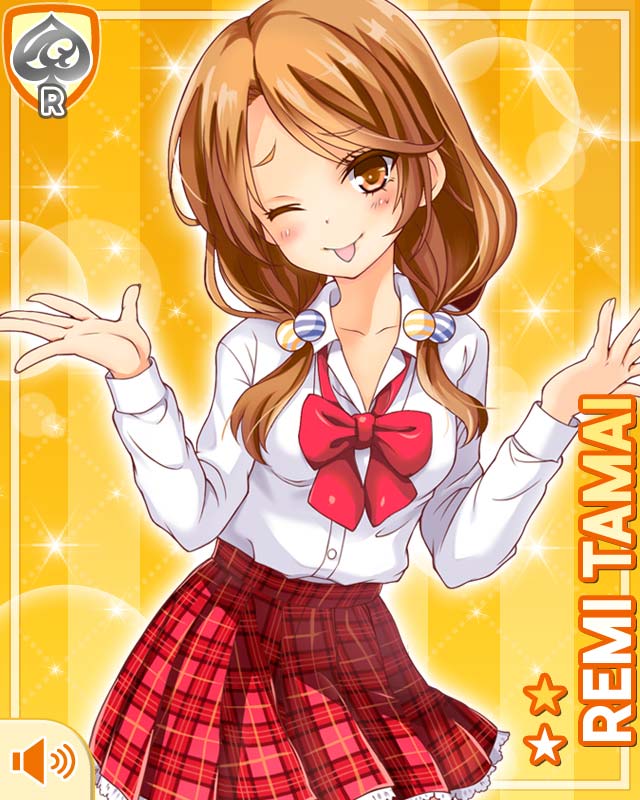 1girl, ;p, bow, bowtie, brown_eyes, brown_hair, card_(medium), character_name