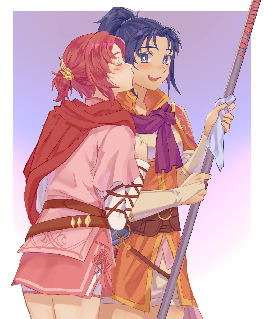 armor, babykatafan, belt, blush, breastplate, commentary, commission, english_commentary, female_kris_(fire_emblem), fire_emblem, hair_ornament, highres, holding, holding_polearm, holding_weapon, kiss, kissing_cheek, long_sleeves, looking_at_another, medium_hair, norne_(fire_emblem), open_mouth, polearm, ponytail, purple_scarf, red_hair, red_scarf, scarf, second-party_source, short_ponytail, shorts, shoulder_armor, smile, weapon, white_shorts, yuri