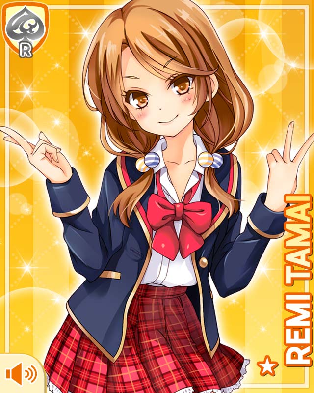 1girl, bow, bowtie, brown_eyes, brown_hair, card_(medium), character_name, double_v