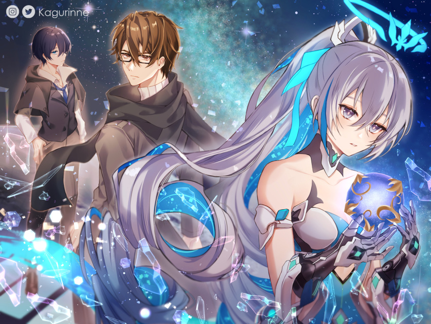 1girl, 2boys, artist_name, bare_shoulders, black-framed_eyewear, black_scarf, blue_eyes, blue_hair