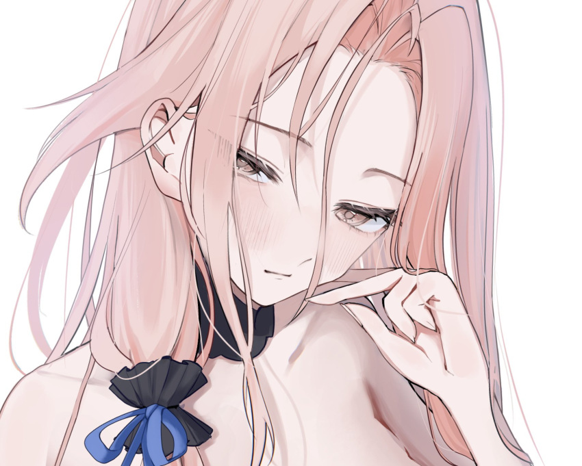 1girl, azur_lane, blush, closed_mouth, commentary, hand_up, highres, lexington_(azur_lane), lexington_ii_(azur_lane), lips, long_bangs, looking_at_viewer, parted_bangs, pink_eyes, pink_hair, simple_background, solo, suyosuyo, white_background