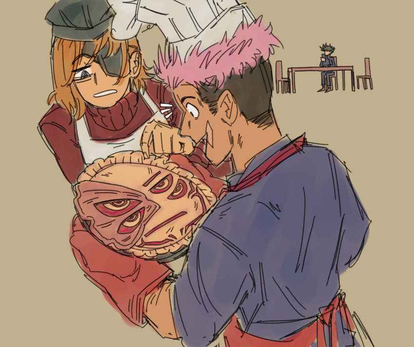 1boy, 1girl, absurdres, black_hair, character-themed_food, chef_hat, eyepatch, food