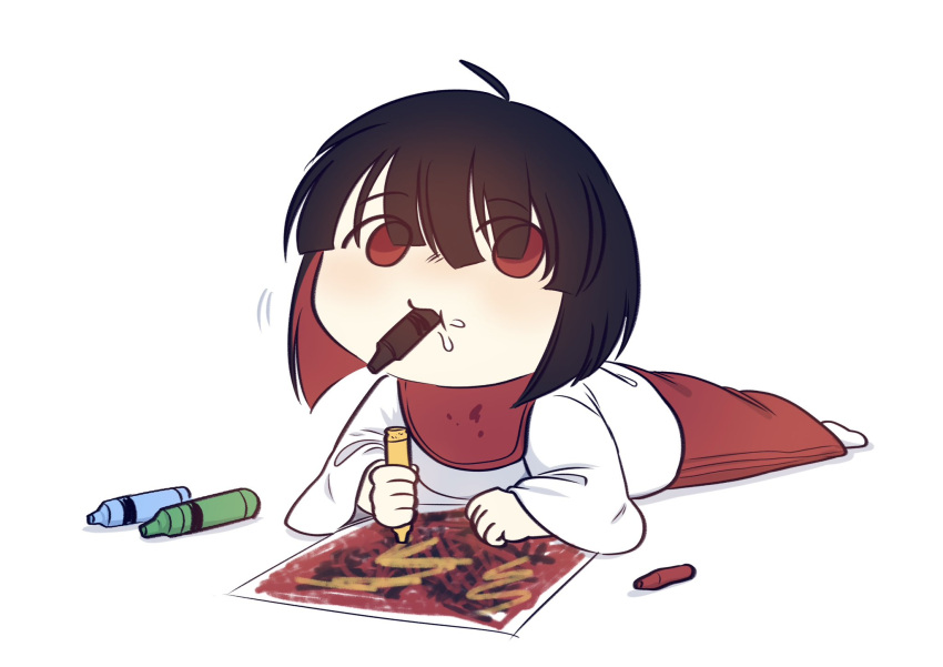 1girl, aged_down, bib, black_hair, bob_cut, commentary, crayon, crayon_drawing