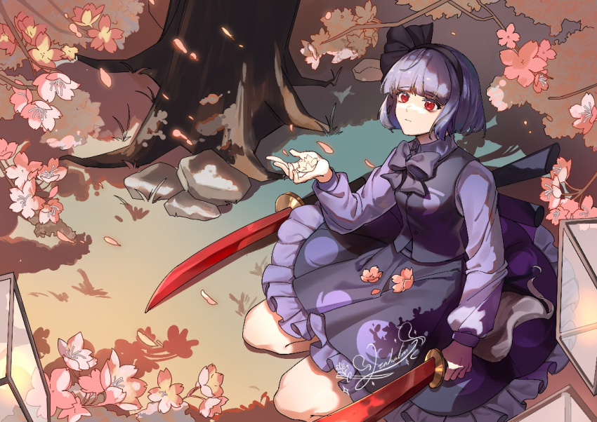 1girl, alternate_color, black_bow, black_bowtie, black_hairband, black_ribbon, black_shirt, black_skirt, black_vest, bob_cut, bow, bowtie, cherry_blossoms, closed_mouth, commentary_request, frilled_skirt, frills, hairband, katana, konpaku_youmu, konpaku_youmu_(mysterious_sword_master), linhalm, outdoors, red_eyes, ribbon, seiza, shirt, short_hair, sitting, skirt, solo, sword, touhou, touhou_lostword, tree, vest, wakizashi, weapon