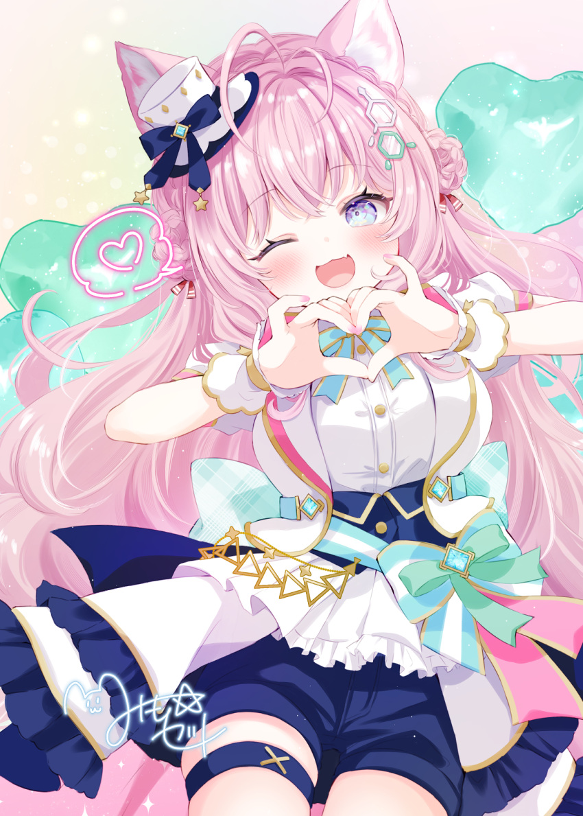 1girl, :3, :d, animal_ears, antenna_hair, blue_eyes, blue_shorts, hakui_koyori, heart, heart_hands, highres, hololive, hololive_idol_uniform_(bright), long_hair, mimori_(mim0_ri), nail_polish, official_alternate_costume, one_eye_closed, open_mouth, pink_hair, pink_nails, shirt, shorts, smile, solo, spoken_heart, thigh_strap, very_long_hair, vest, virtual_youtuber, white_shirt, white_vest, wolf_ears, wolf_girl